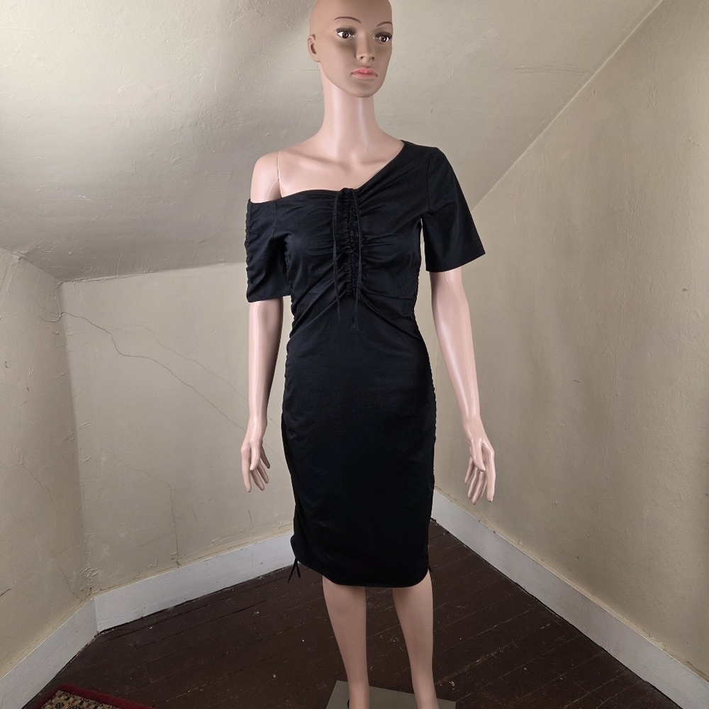 Barbara Casasola Black Off Shoulder Ruched Midi Dress IT 38 US 4 Made In Italy